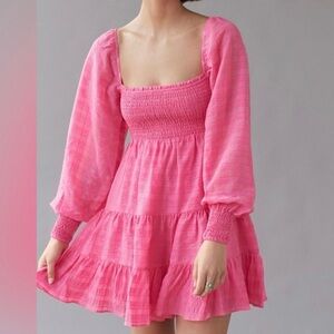 Sincerely Jules Vibrant Pink Smocked Tiered Long Sleeve Dress Urban Outfitters